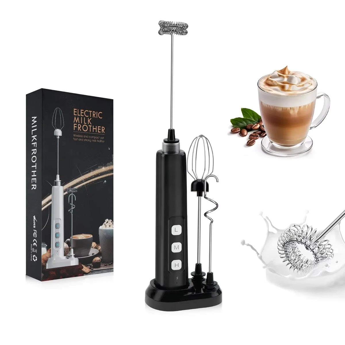 Rechargeable Milk Frother — Handheld Electric Foam Maker with 3 Whisk Heads